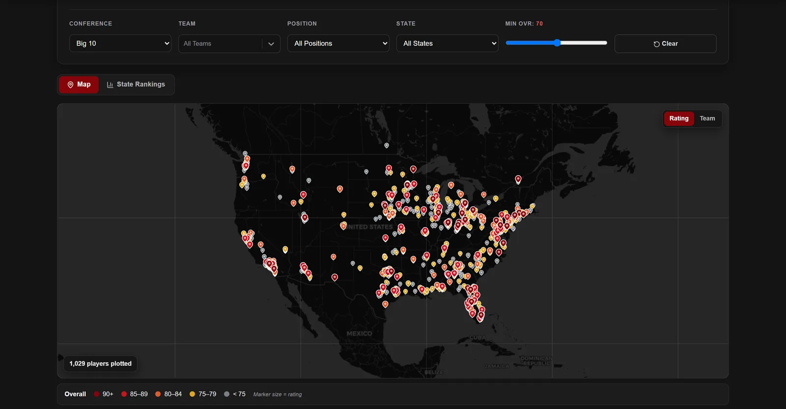 Map of the United States showing Big Ten player hometowns spread across the Midwest and coasts