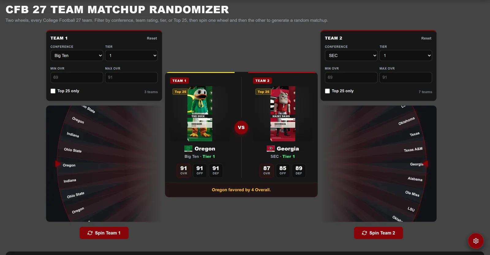 CFB 27 team matchup randomizer showing Oregon versus Georgia