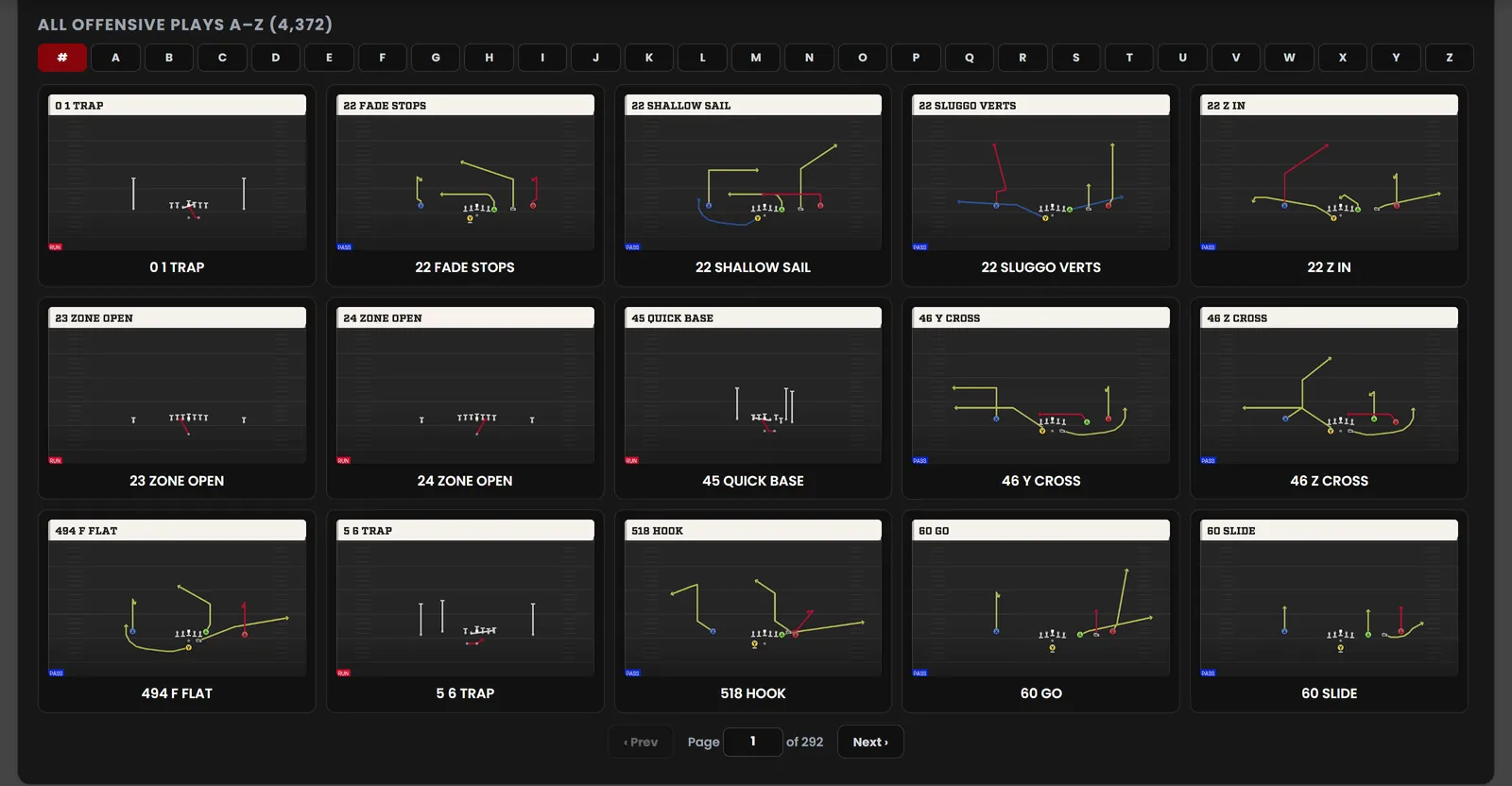 All 4,372 CFB 27 offensive plays browsable A to Z with play art