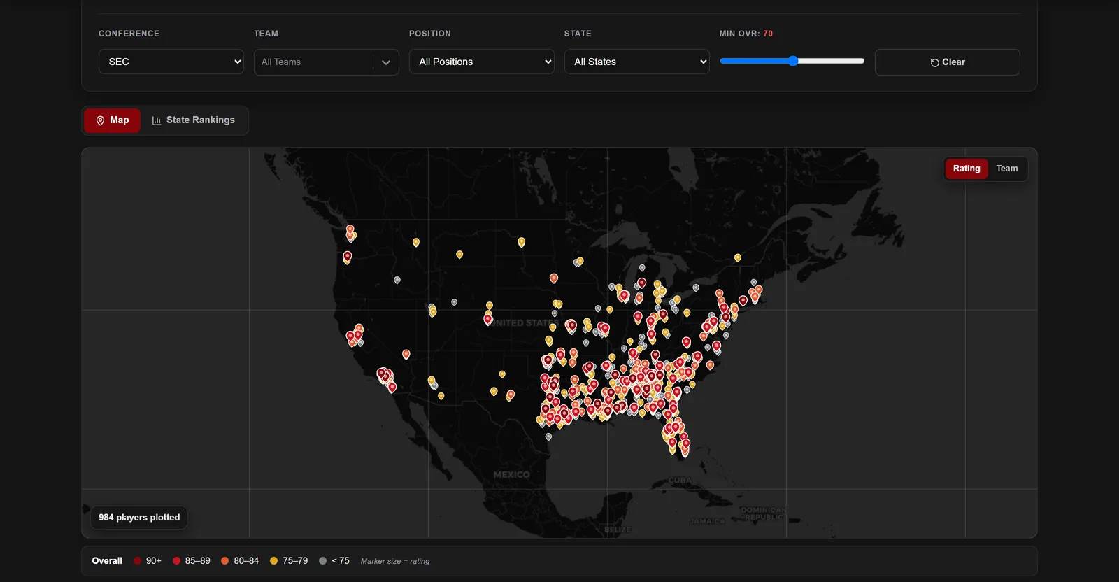 Map of the United States showing SEC player hometowns concentrated in the South